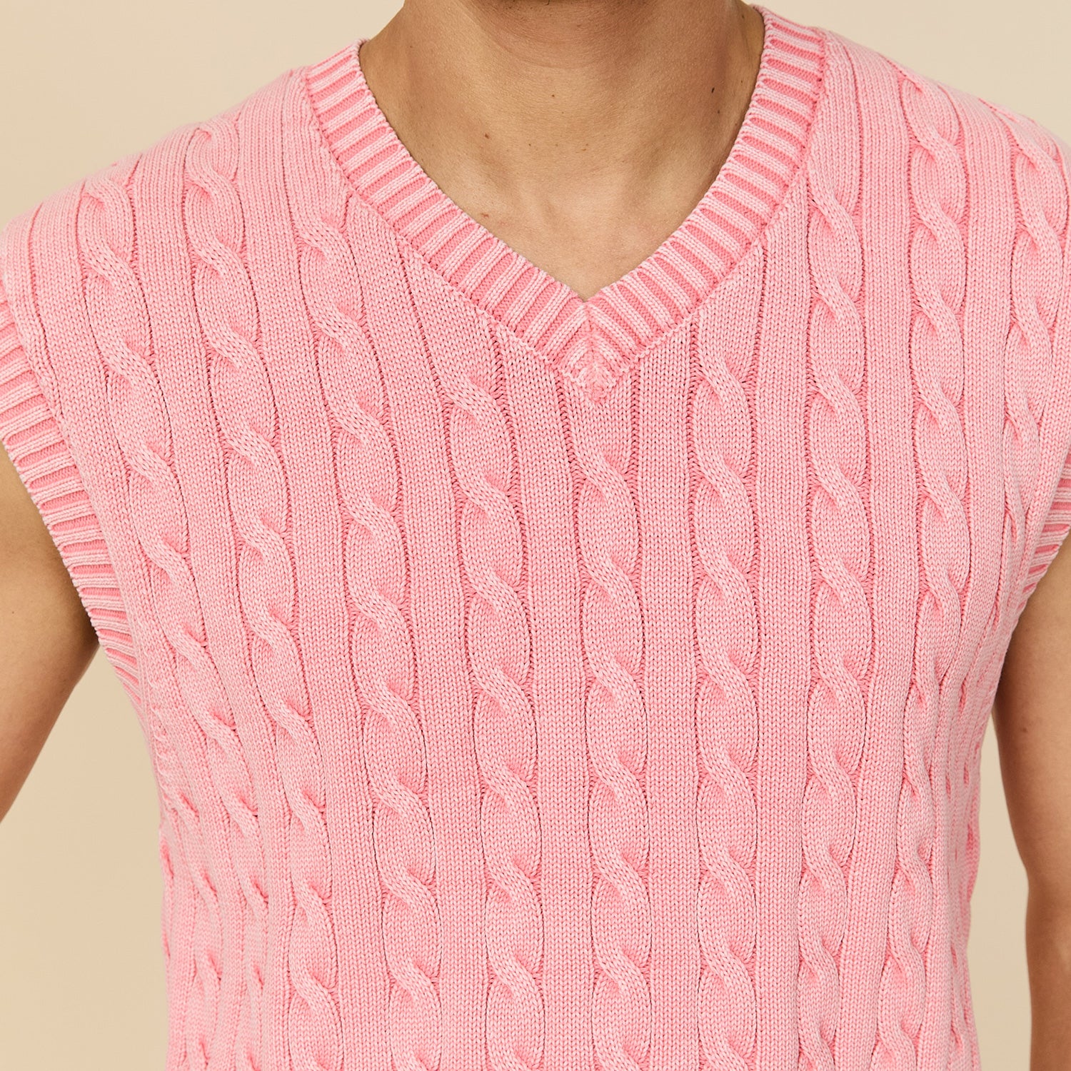 Men's Acid Washed Cotton Cableknit Sweater Vest Pink - Image 3