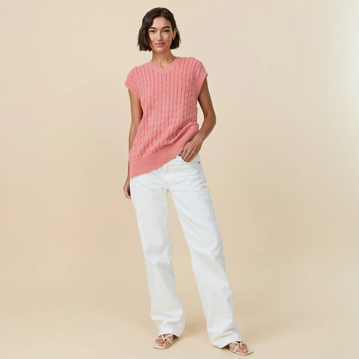 Men's Acid Washed Cotton Cableknit Sweater Vest Pink - Image 5