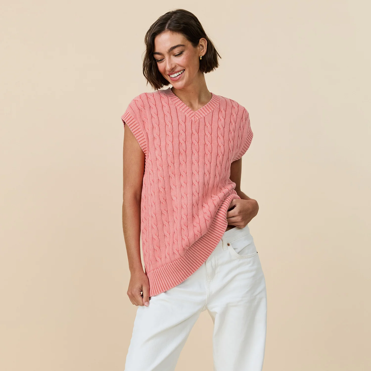 Men's Acid Washed Cotton Cableknit Sweater Vest Pink - Image 6