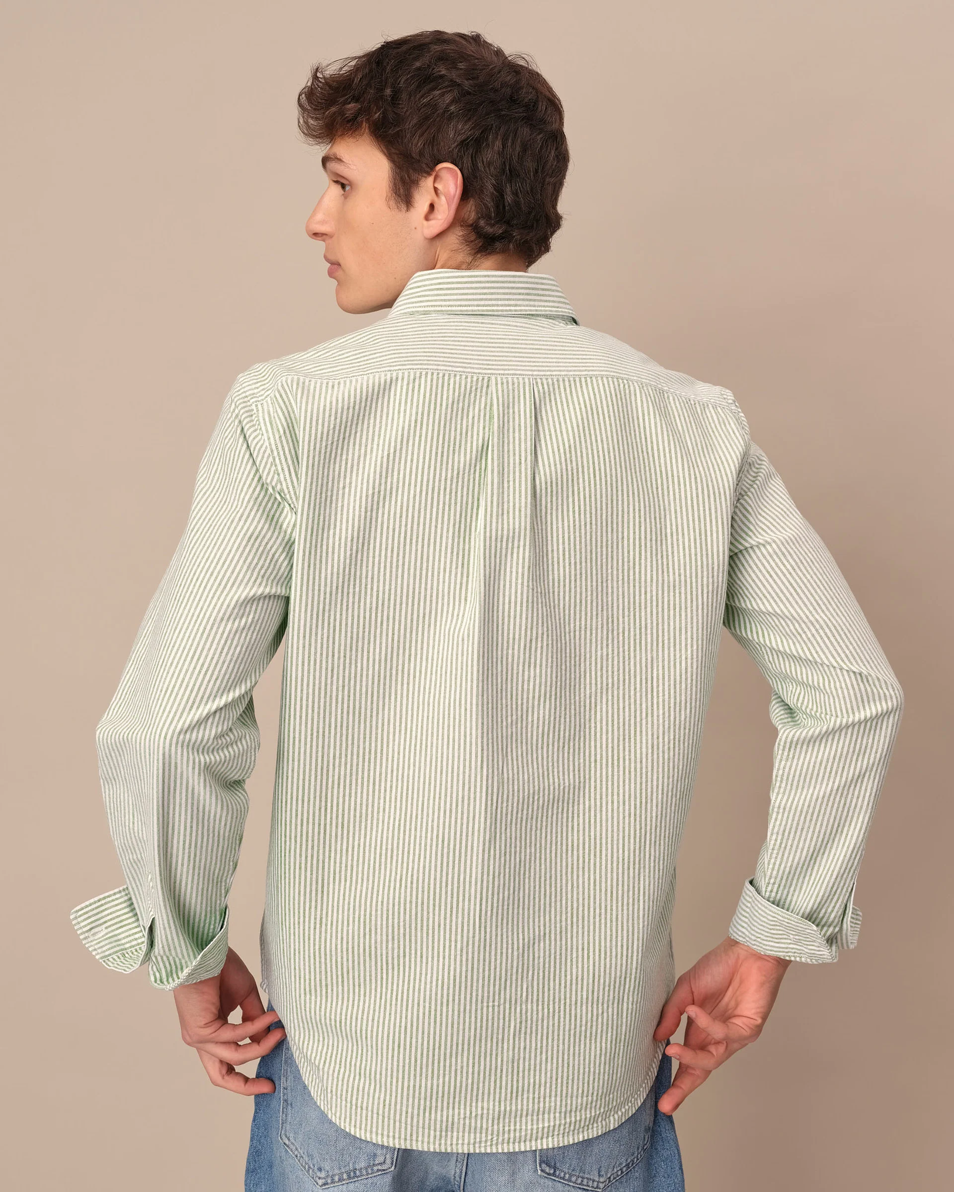 Men's Babar Long Sleeve Classic Fit Striped Oxford Shirt Green / White University Stripe - Image 3