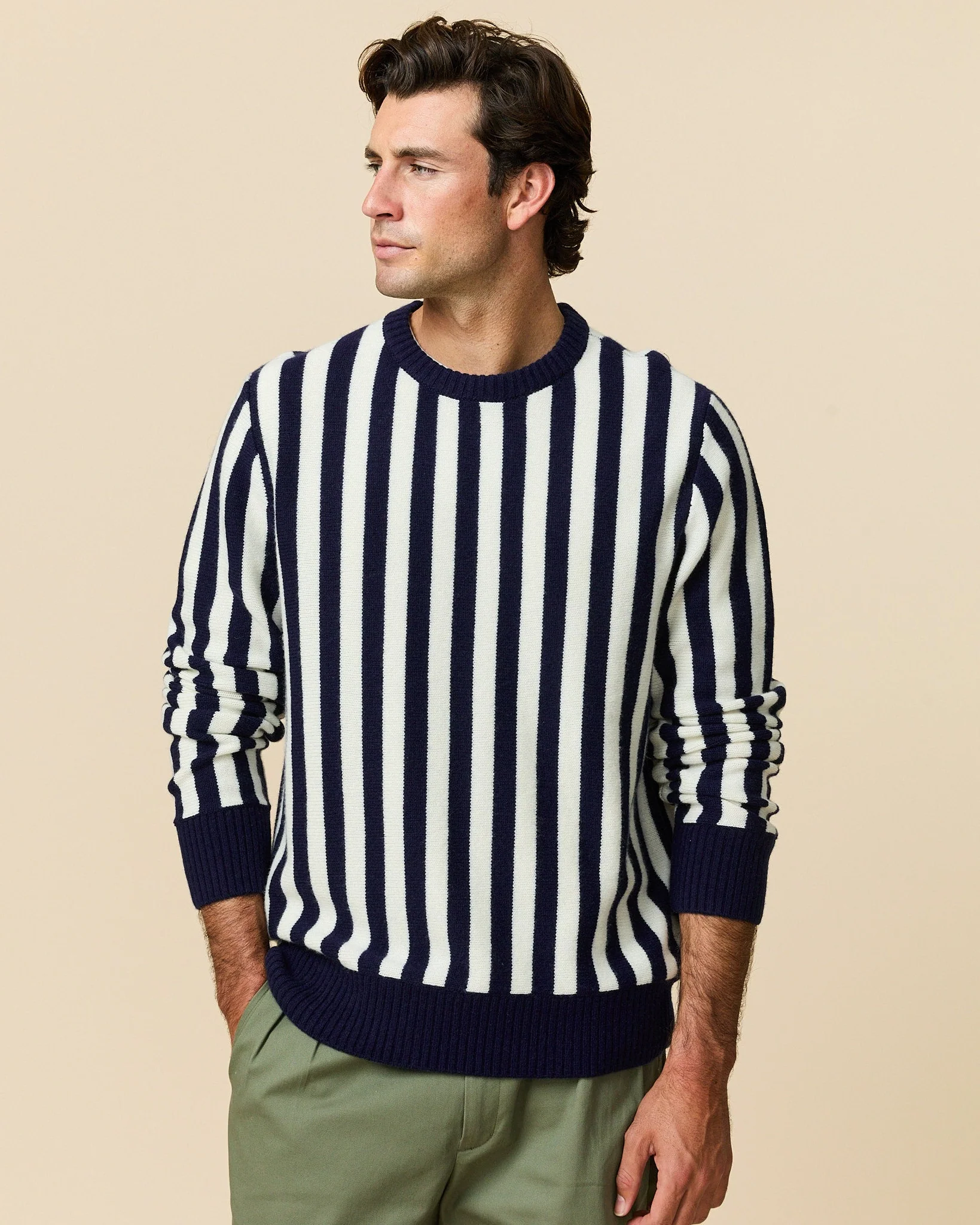 Men's Cashmere Striped Sweater Navy and Cream Stripe - Image 3