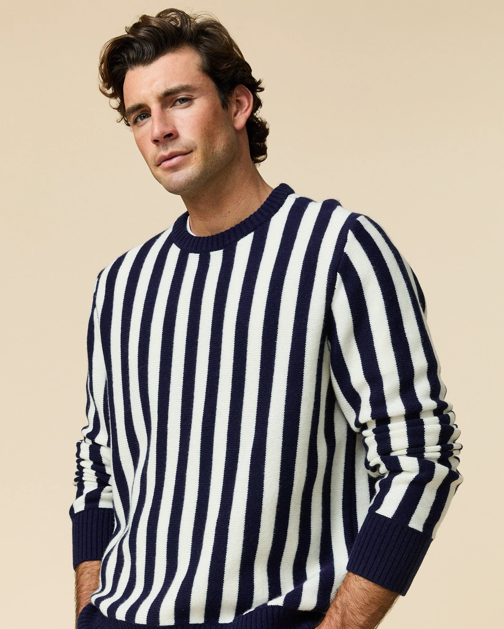 Men's Cashmere Striped Sweater Navy and Cream Stripe - Image 4