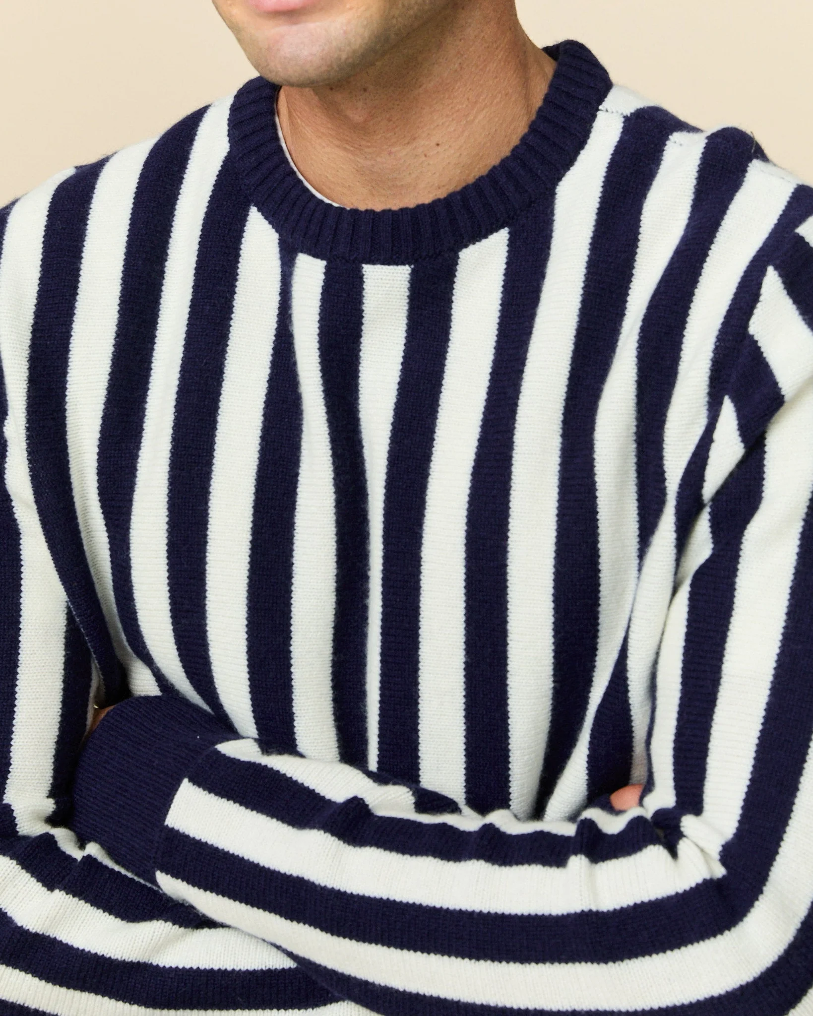 Men's Cashmere Striped Sweater Navy and Cream Stripe - Image 5
