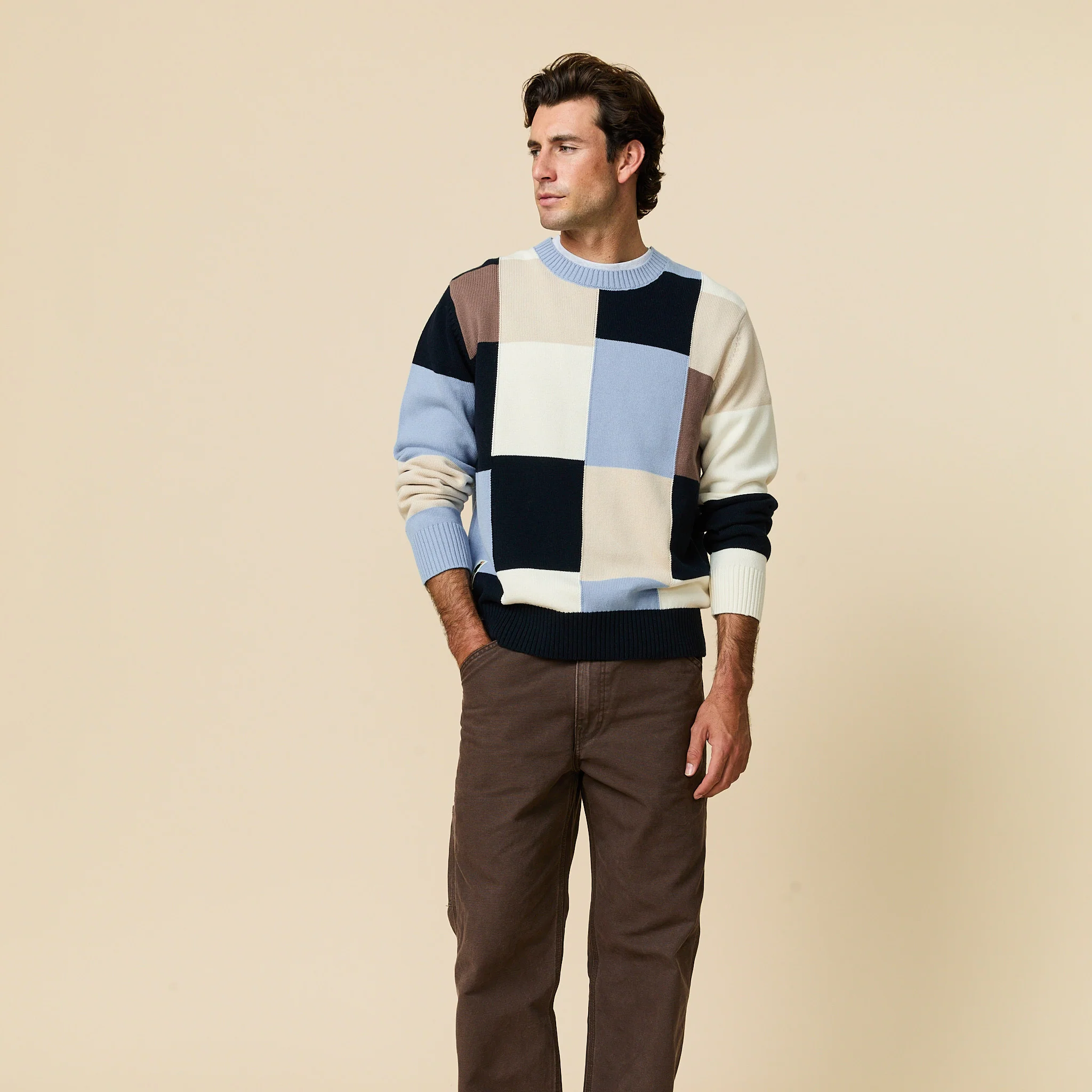 Men's Cotton Patchwork Sweater Blue Patchwork - Image 3