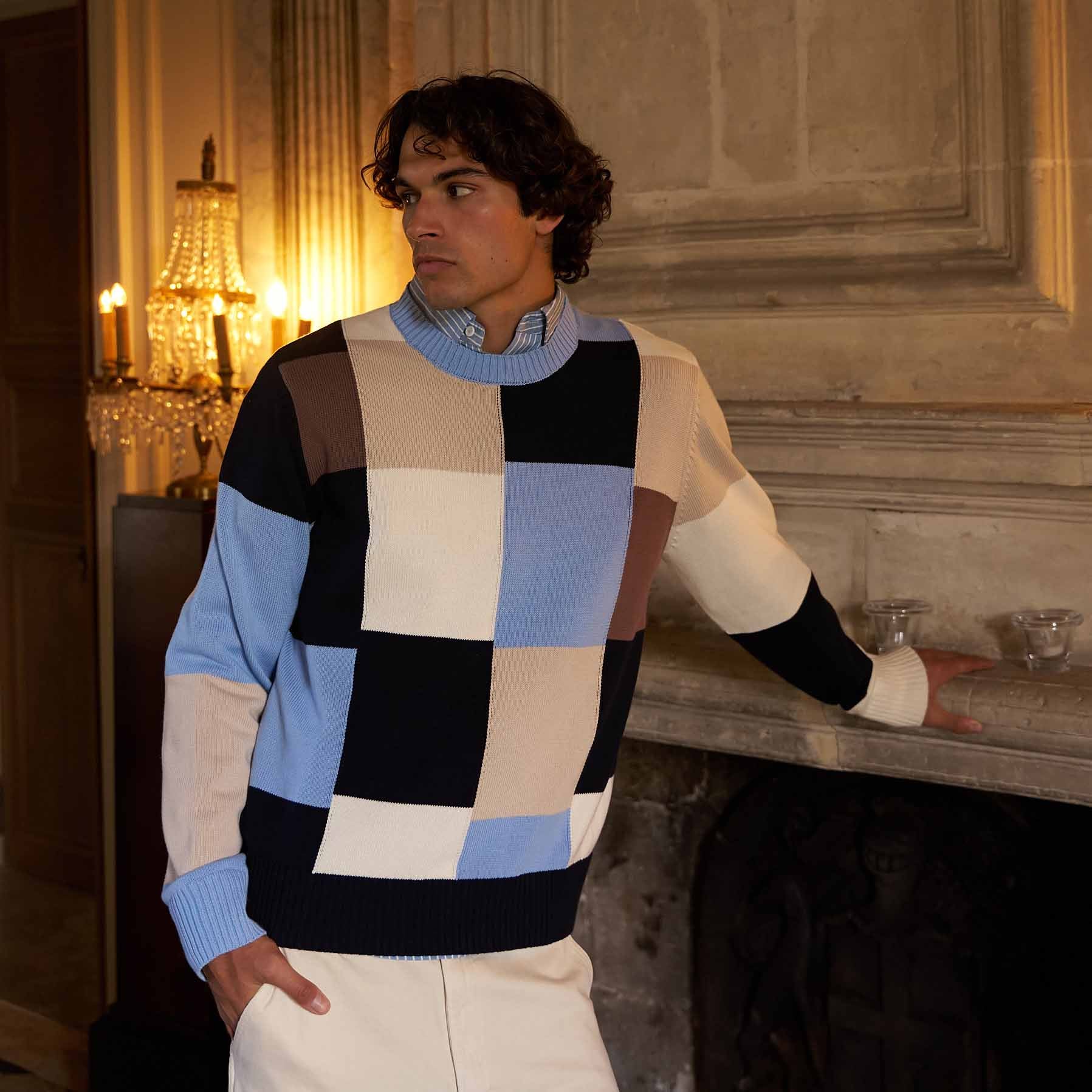 Men's Cotton Patchwork Sweater Blue Patchwork - Image 7