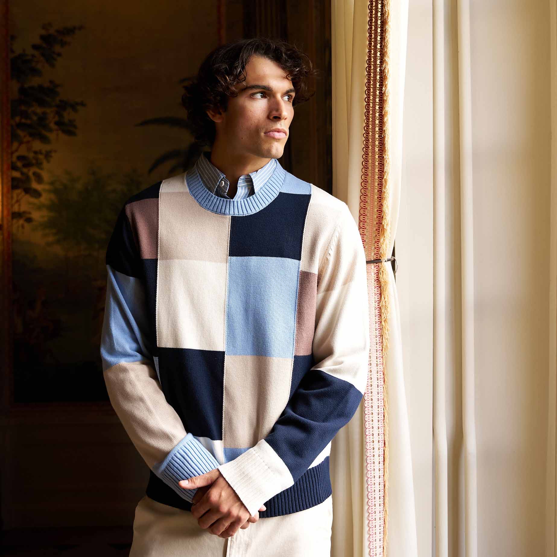 Men's Cotton Patchwork Sweater Blue Patchwork - Image 8