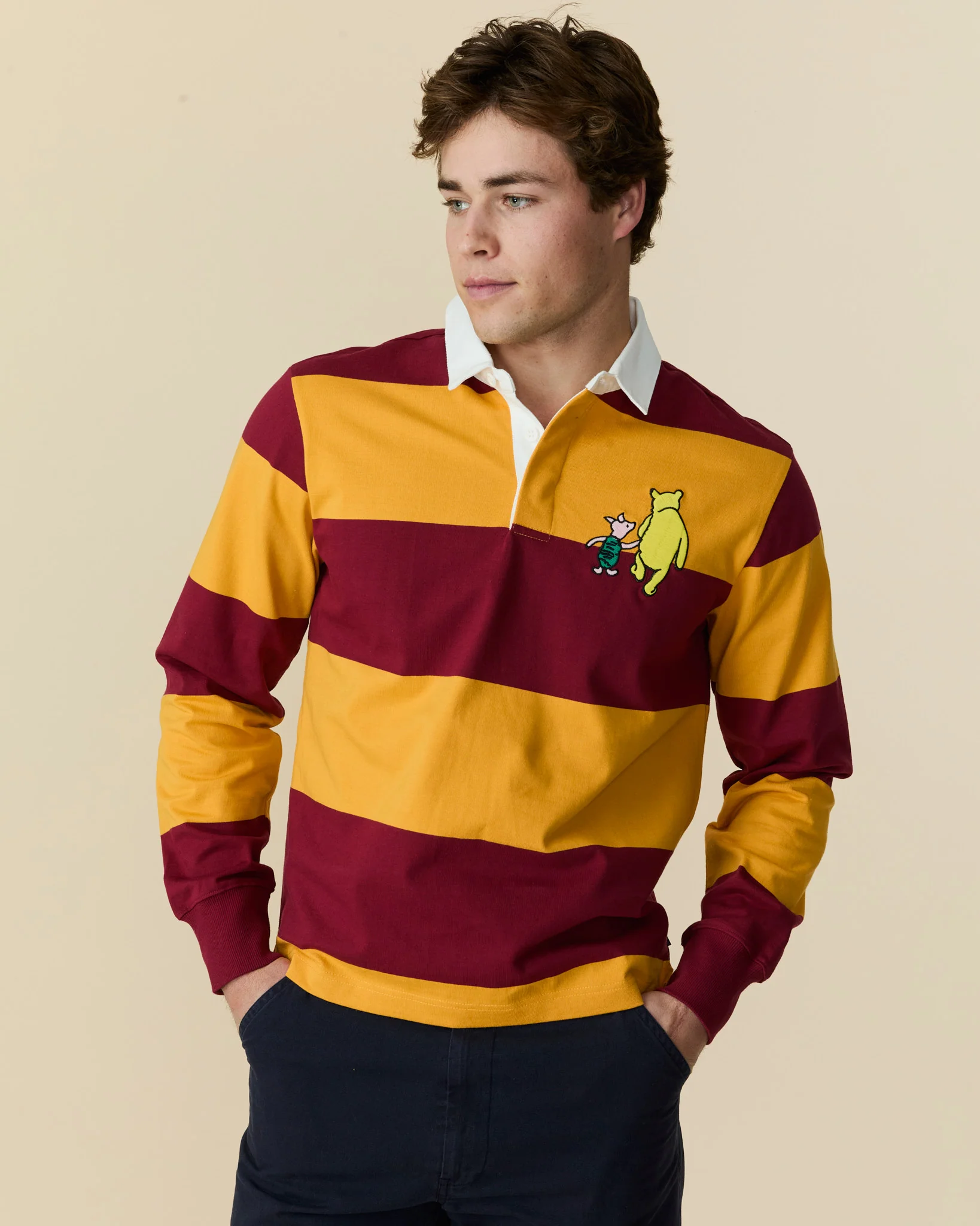 Men's Lightweight Stripe Cotton Winnie-the-Pooh Rugby Burgundy - Image 3