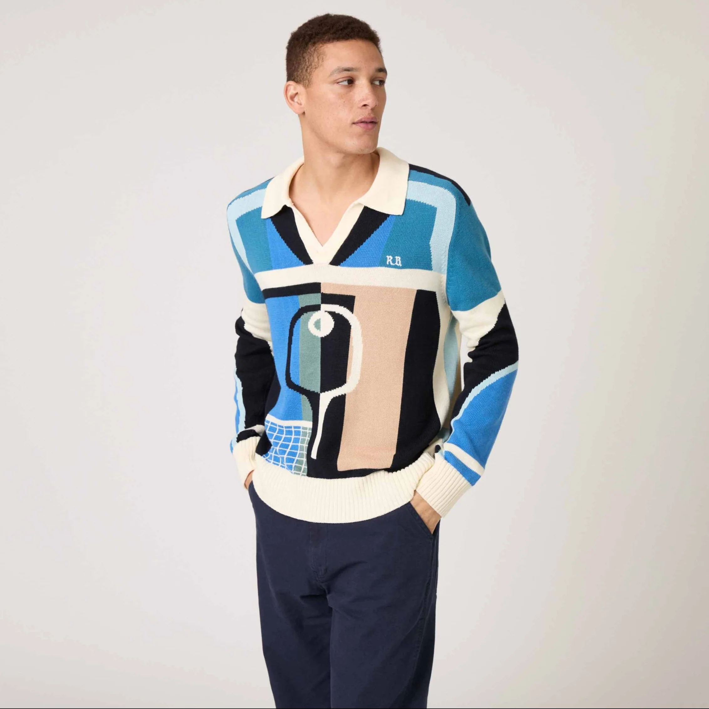 Men's Pickleball Sweater Blue Brown Multicolor - Image 3