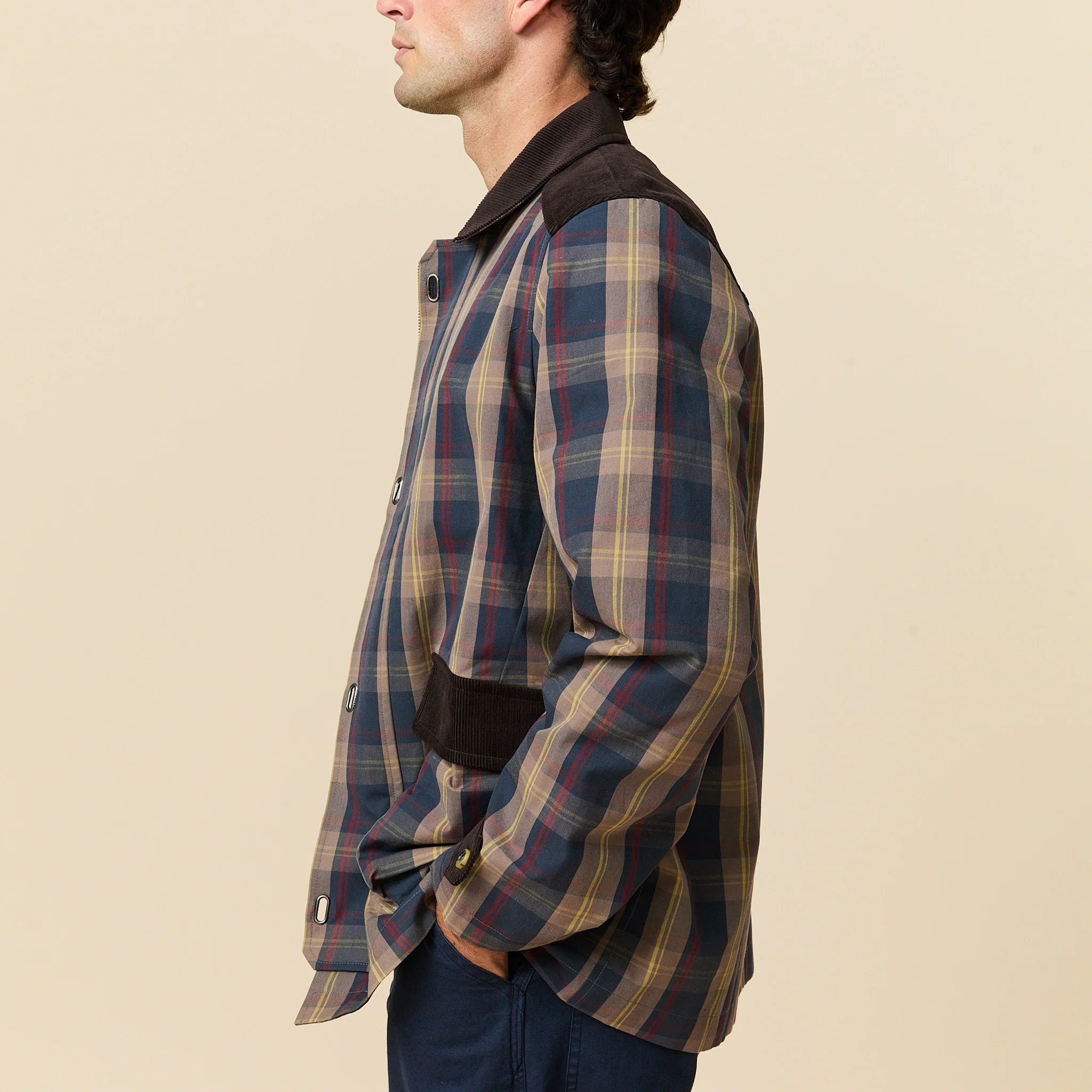 Men's Plaid Oilcloth Coat Dark Brown - Image 6