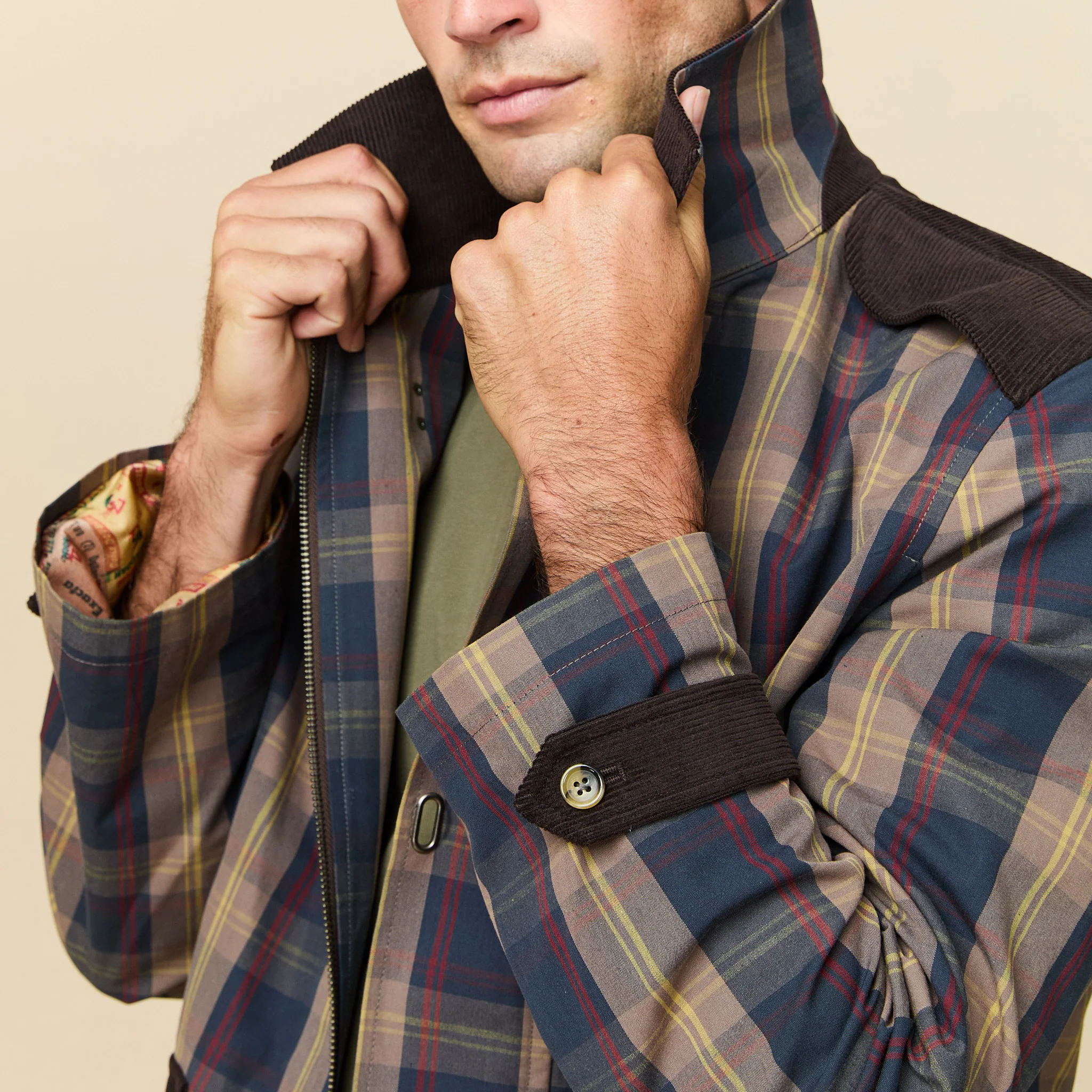 Men's Plaid Oilcloth Coat Dark Brown - Image 7