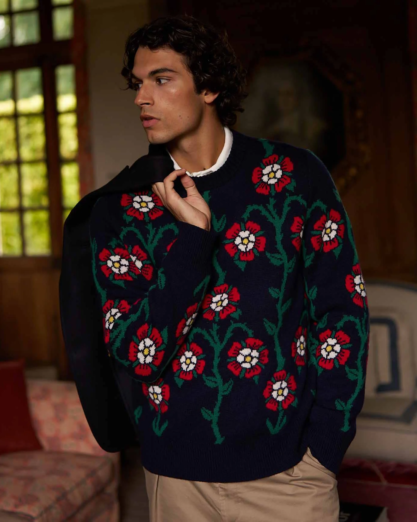 Men's Roses Sweater Navy Multi - Image 3