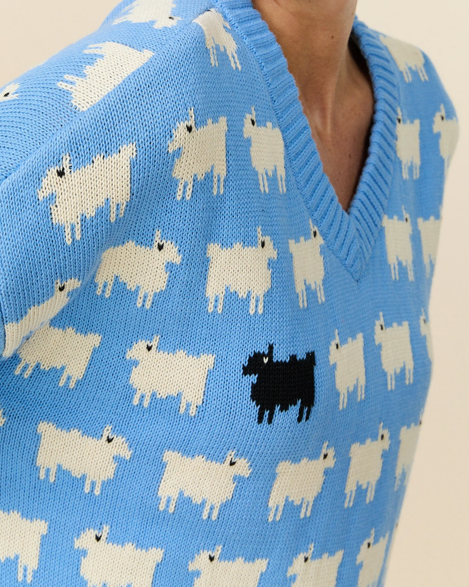 Warm & Wonderful Women's "Diana Edition" Cotton Linen V-Neck Sheep Sweater Blue - Image 4