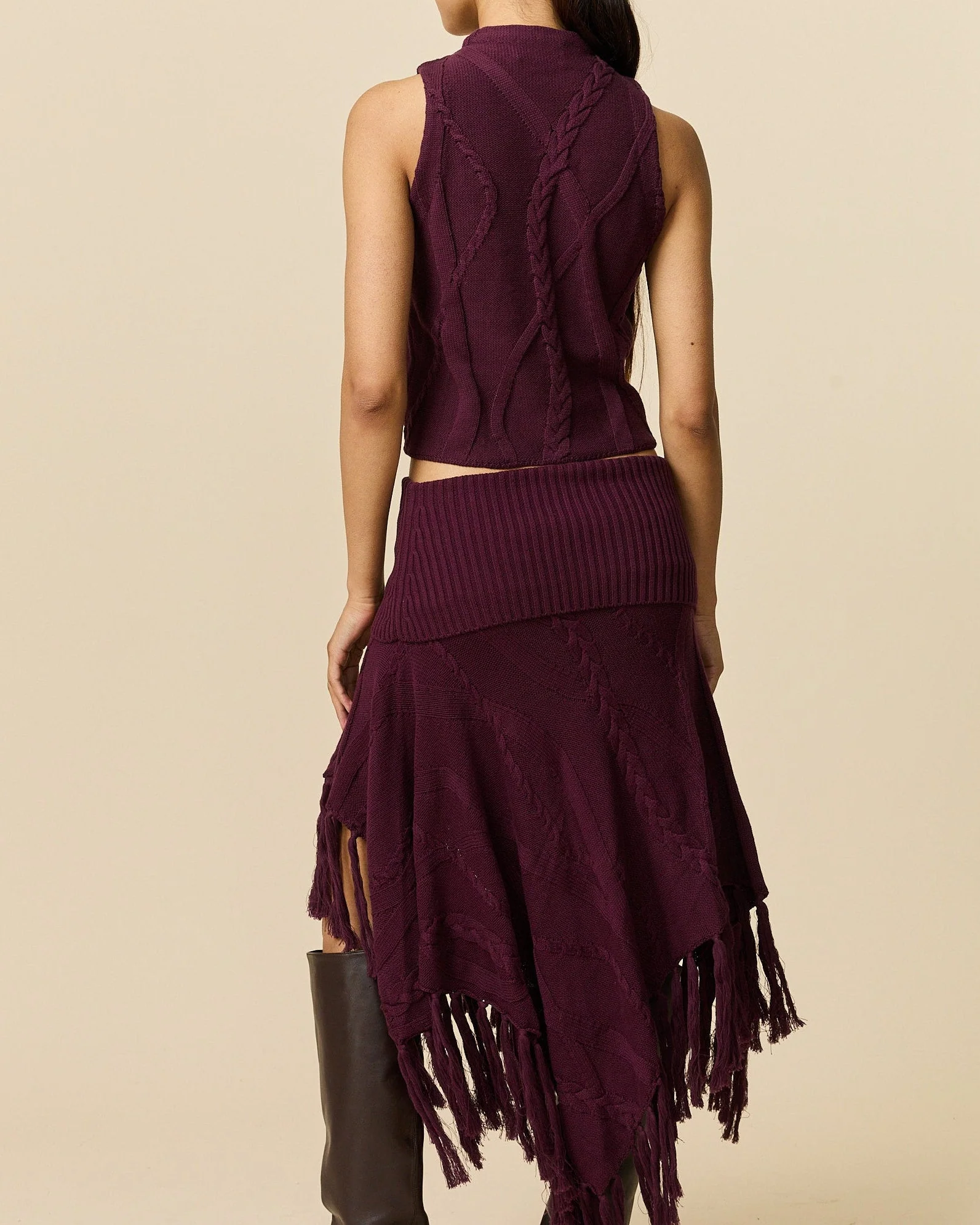 Women's Cotton Cable Fringe Skirt Wine - Image 5