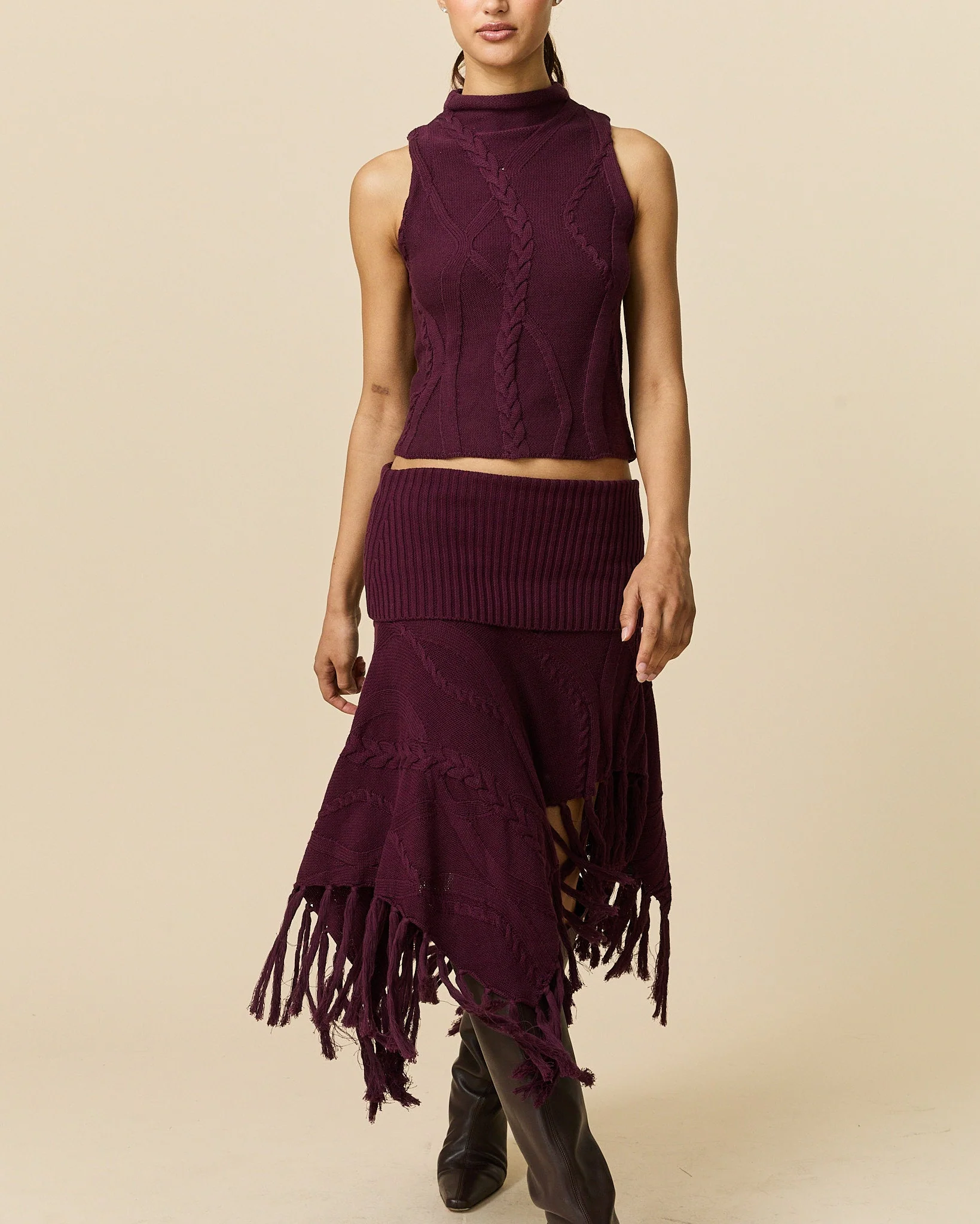 Women's Cotton Cable Fringe Skirt Wine - Image 6