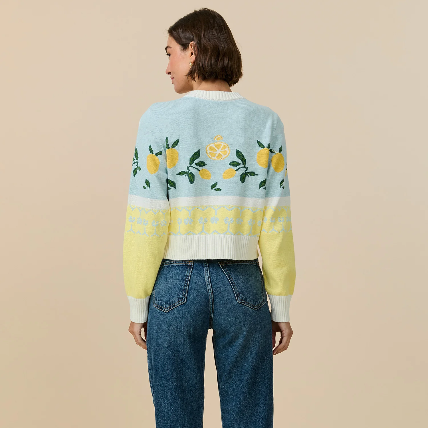 Women's Cotton Fairisle Lemon Cropped Cardigan Blue - Image 3