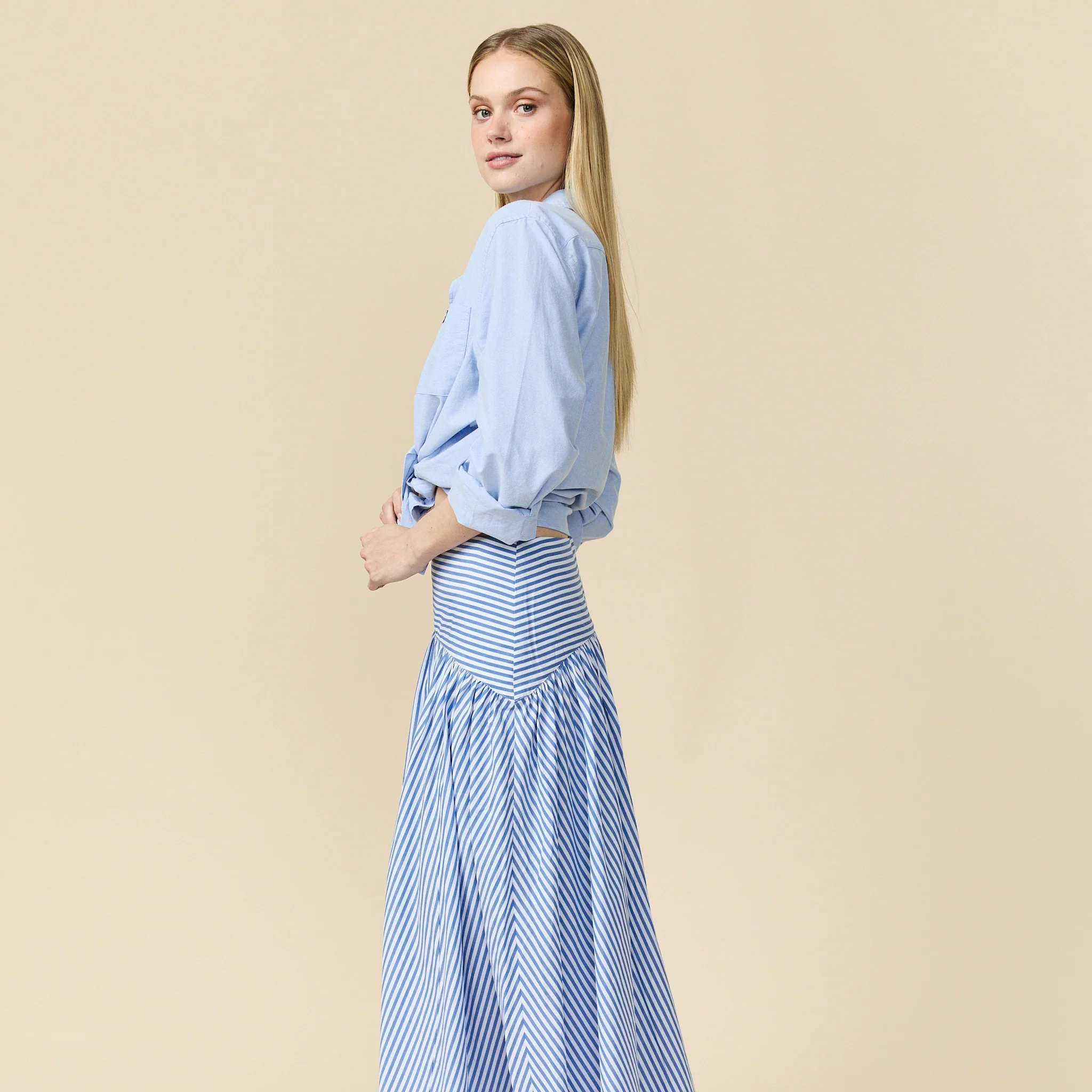 Women's Cotton Poplin Pinstripe Skirt Bright Blue Stripe - Image 6