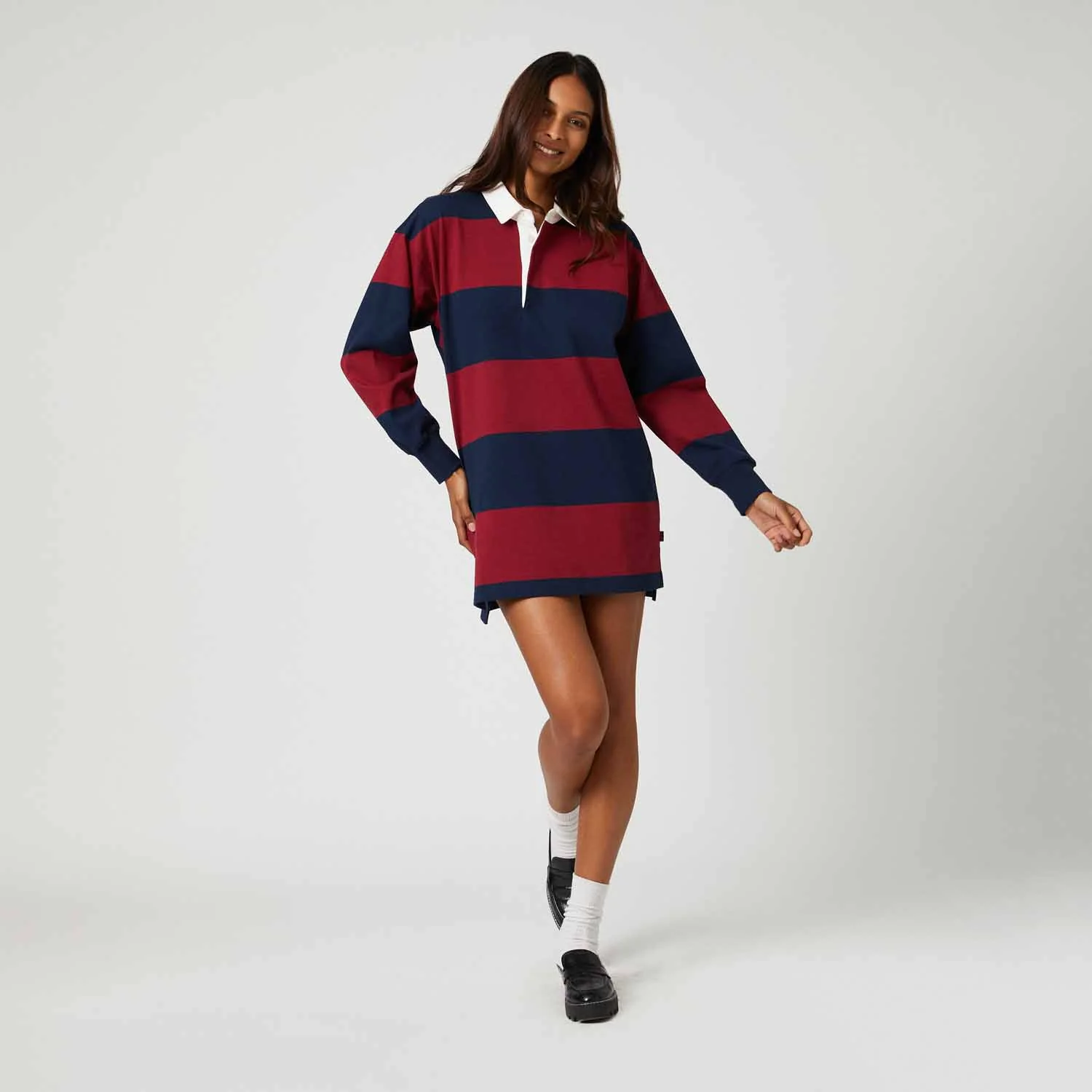 Women's Cotton Stripe Rugby Dress Navy Burgundy - Image 5