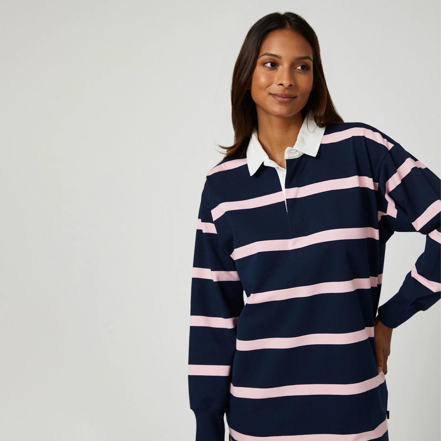 Women's Cotton Stripe Rugby Dress Pink and Navy - Image 6